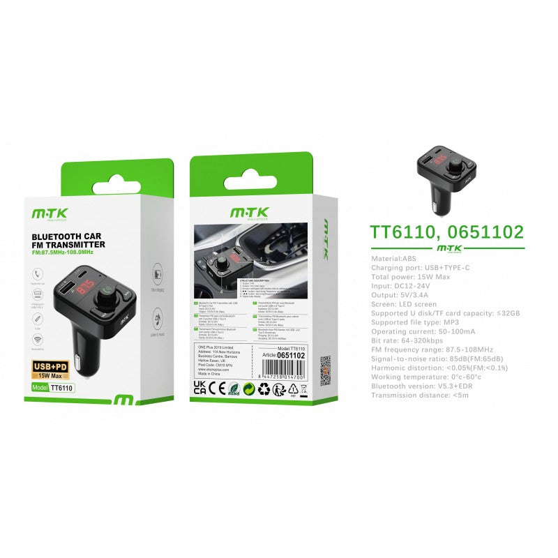 TT6110 Bluetooth FM Transmitter, BT V5.3 with USB & PD 3.1A, Black