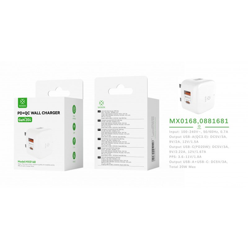 Woox MX0168 UK Type-C 20W PD & USB 3A QC Wall Charger without Cable, White