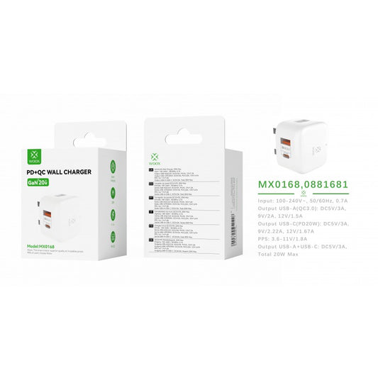 Woox MX0168 UK Type-C 20W PD & USB 3A QC Wall Charger without Cable, White