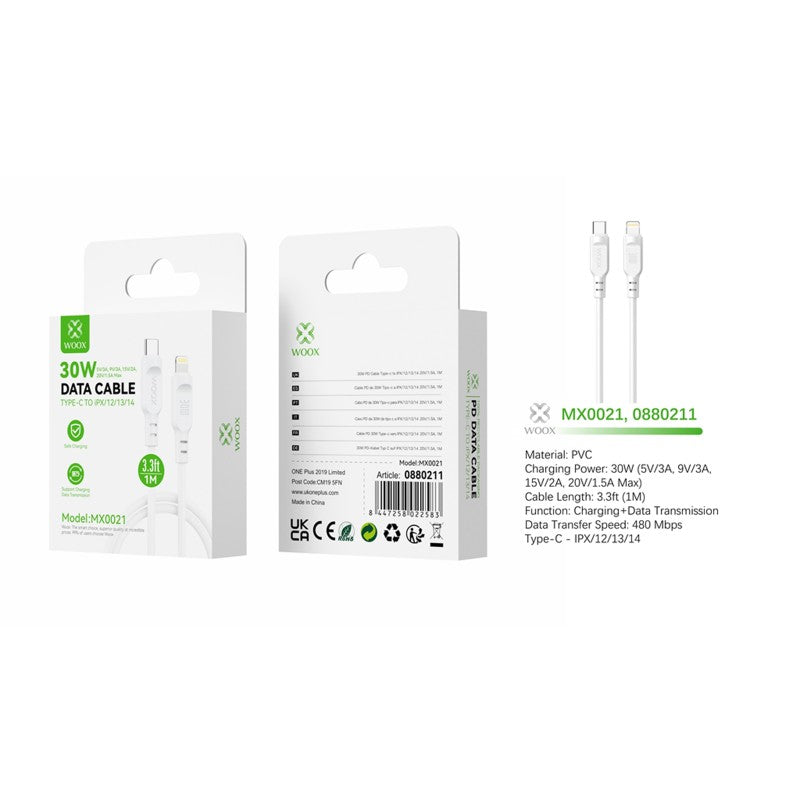 Woox MX0021 Type C to Lightning PVC Data Cable, 30W - 5V/3A, 9V/3A, 15V/2A, 20V/1.5A Max, 3.3ft 1m, White