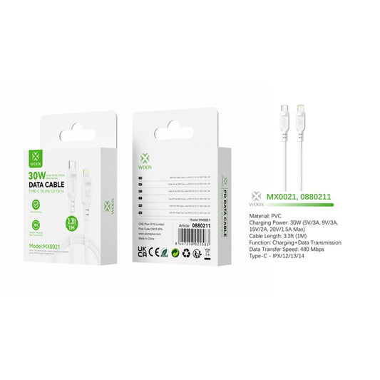 Woox MX0021 Type C to Lightning PVC Data Cable, 30W - 5V/3A, 9V/3A, 15V/2A, 20V/1.5A Max, 3.3ft 1m, White