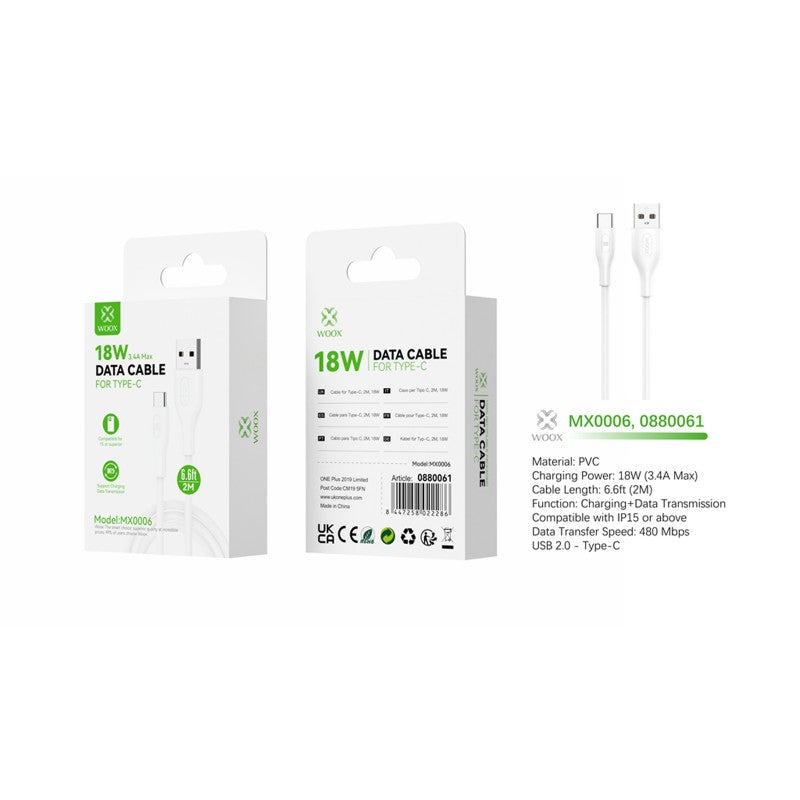Woox MX0006 USB to Type C PVC Data Cable, 18W 3.4A Max, 6.6ft 2m, White