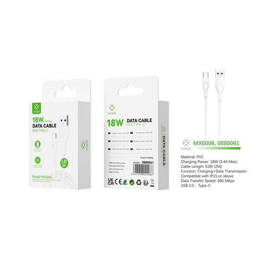 Woox MX0006 USB to Type C PVC Data Cable, 18W 3.4A Max, 6.6ft 2m, White