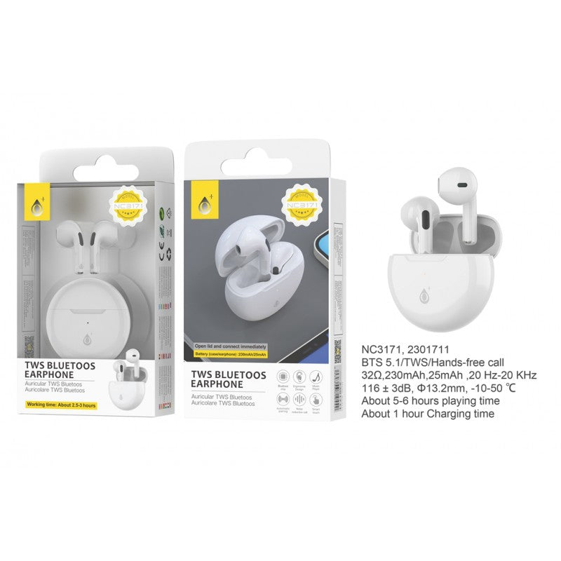 NC3171 Bluetooth TWS Grimes, Touch Control, Hands Free, 6H, 230mAh, White