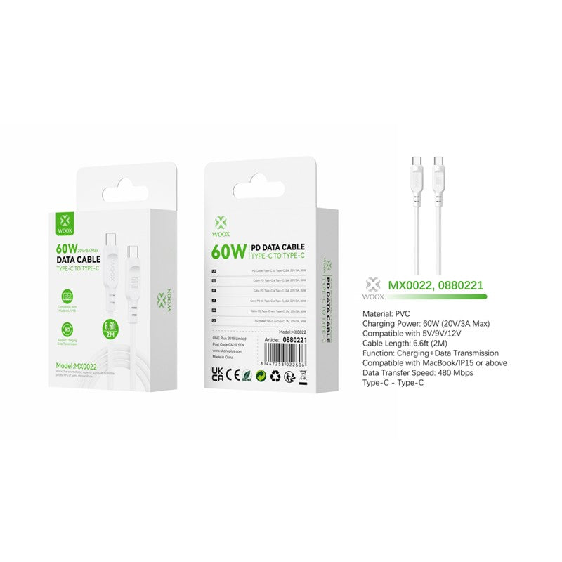 Woox MX0022 Type C to Type C PVC Data Cable, 60W 20V/3A Max, 6.6ft 2m, White
