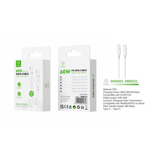 Woox MX0022 Type C to Type C PVC Data Cable, 60W 20V/3A Max, 6.6ft 2m, White
