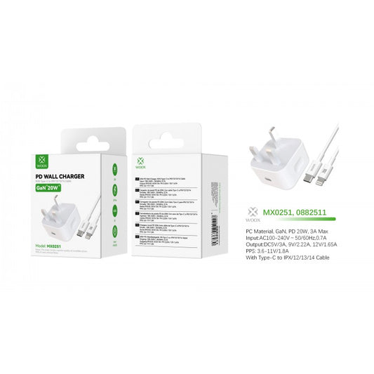 WOOX MX0251 20W PD Home Charger with Type-C to Lightening Fast Cable, 5V 3A, White