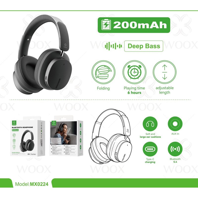 WOOX MX0224 Pure Bluetooth Headphones, Deep Bass BT 5.4, Battery 200mAh, Charging Type-C, with no wrinkle ear cushion, Black