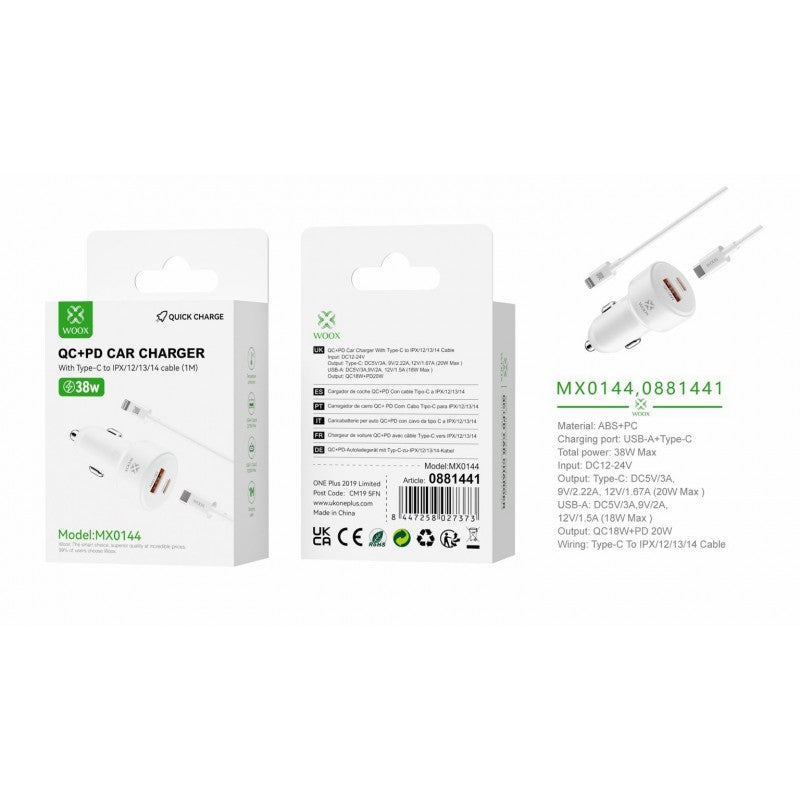 Woox MX0144 PD+QC Car Charger, QC18W+PD20W with TypeC to Lightning cable, White