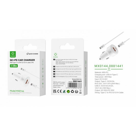 Woox MX0144 PD+QC Car Charger, QC18W+PD20W with TypeC to Lightning cable, White