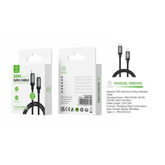 Woox MX0028 Type C to Lightning Braided Data Cable, 30W - 5V/3A, 9V/3A, 15V/2A, 20V/1.5A Max, 3.3ft 1m, Black
