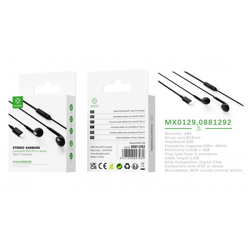 Woox MX0129 Fully Compatible TypeC Earphones with Mic, 1.2m, Black