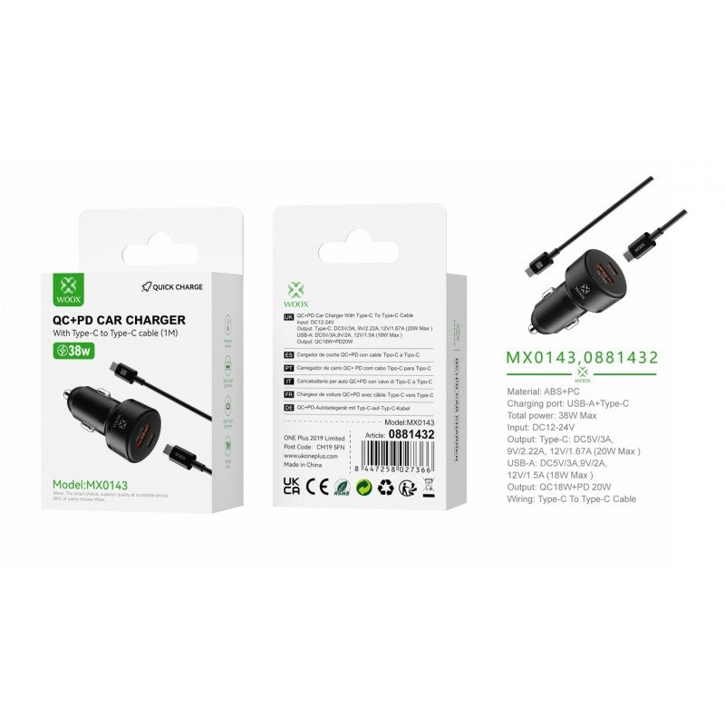 Woox MX0143 PD+QC Car Charger, QC18W+PD20W with TypeC to TypeC cable, Black