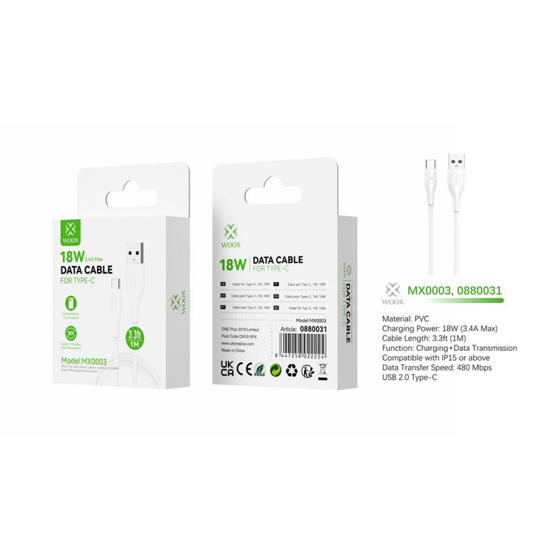 Woox MX0003 USB to Type C PVC Data Cable, 18W 3.4A Max, 3.3ft 1m, White
