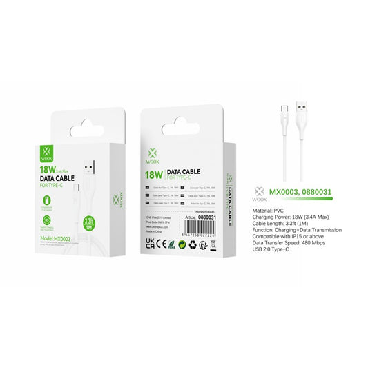 Woox MX0003 USB to Type C PVC Data Cable, 18W 3.4A Max, 3.3ft 1m, White