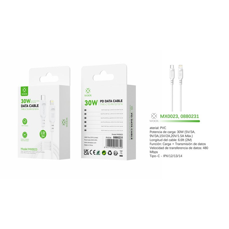 Woox MX0023 Type C to Lightning PVC Data Cable, 30W - 5V/3A, 9V/3A, 15V/2A, 20V/1.5A Max, 6.6ft 2m, White