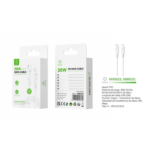 Woox MX0023 Type C to Lightning PVC Data Cable, 30W - 5V/3A, 9V/3A, 15V/2A, 20V/1.5A Max, 6.6ft 2m, White