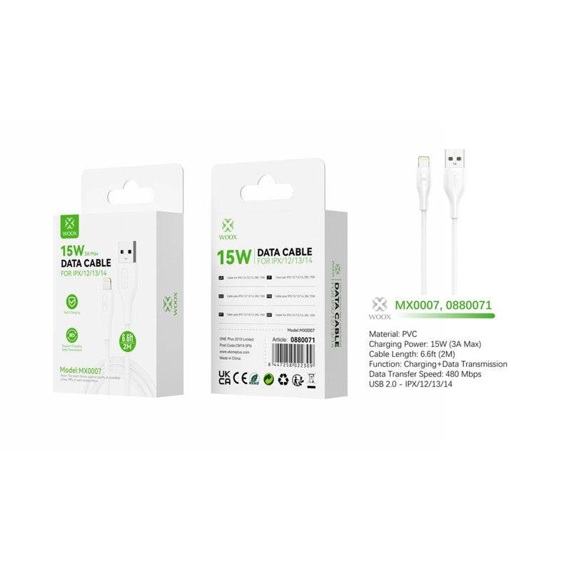 Woox MX0007 USB to Lightning PVC Data Cable, 15W 3A Max, 6.6ft 2m, White