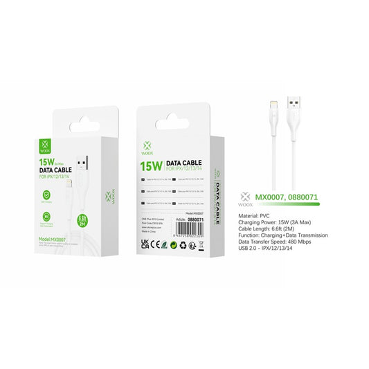 Woox MX0007 USB to Lightning PVC Data Cable, 15W 3A Max, 6.6ft 2m, White