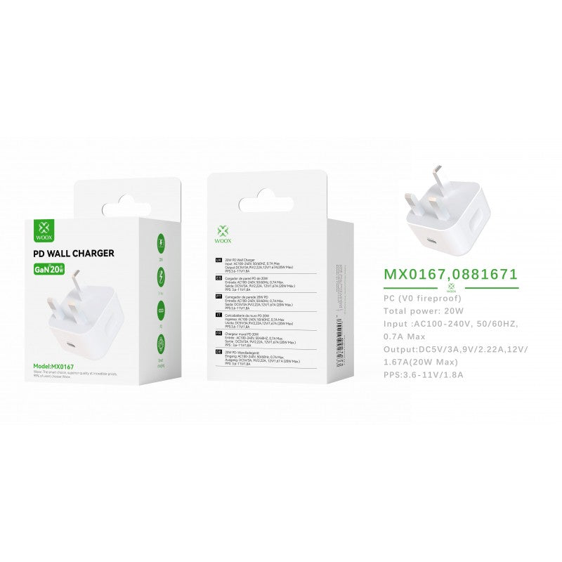 Woox MX0167 UK Type-C 20W PD Wall Charger without Cable, 5V 3A, White