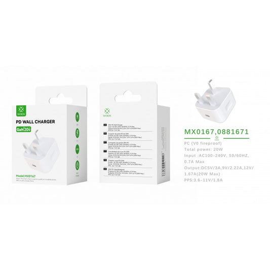 Woox MX0167 UK Type-C 20W PD Wall Charger without Cable, 5V 3A, White